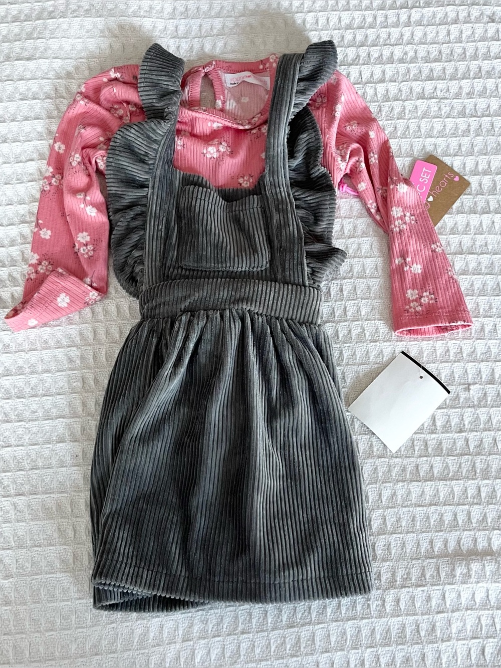 Girls Pink Floral Top & Charcoal Corduroy Pinafore Set – Kids